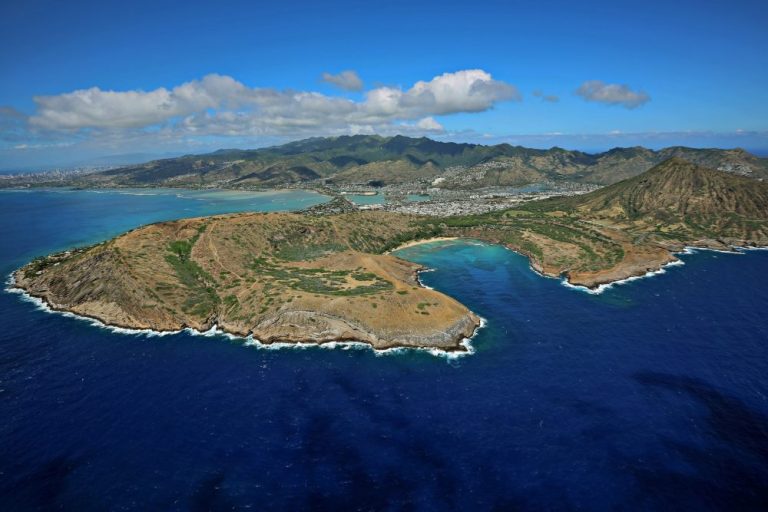 Aerial view of Hanauma Bay and Koko Head on Oahu's southeast coast