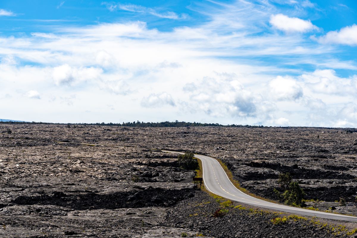 The road through the volcanic landscape at Hawaii Volcanoes National Park