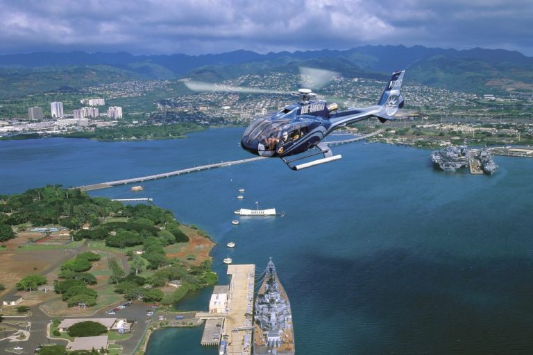 Helicopter over Pearl Harbor and the USS Arizona Memorial on Oahu