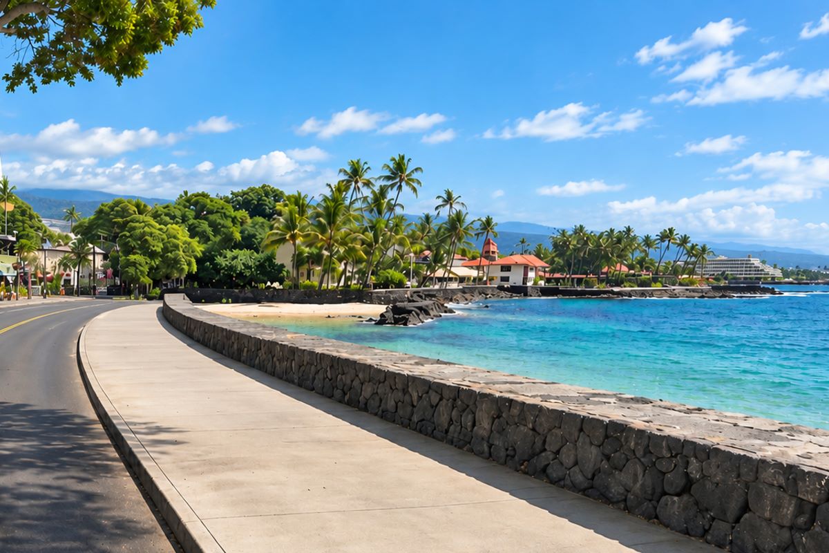 Alii Drive and the seawall along Kailua Bay in Kailua-Kona
