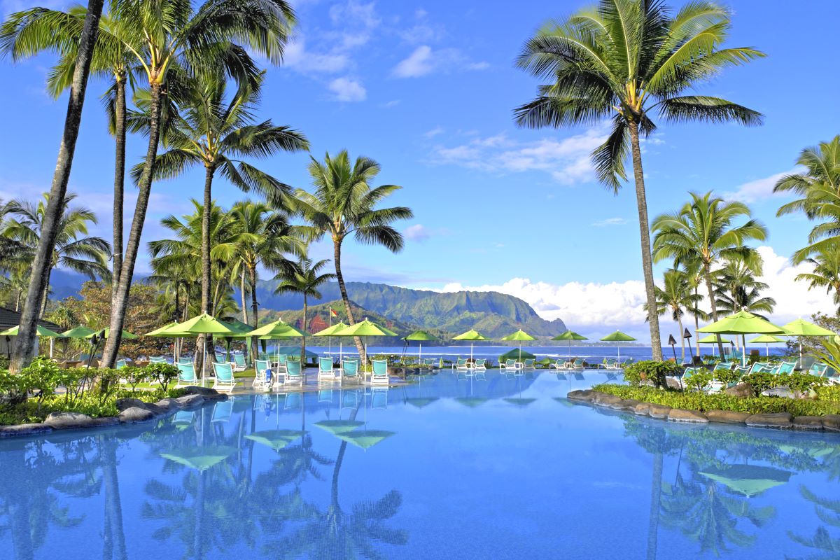 Resort pool overlooking Hanalei Bay on the north shore of Kauai