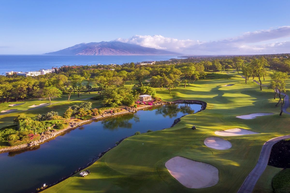 Aerial view of the Emerald Course at Wailea Golf on Maui, with the ocean beyond