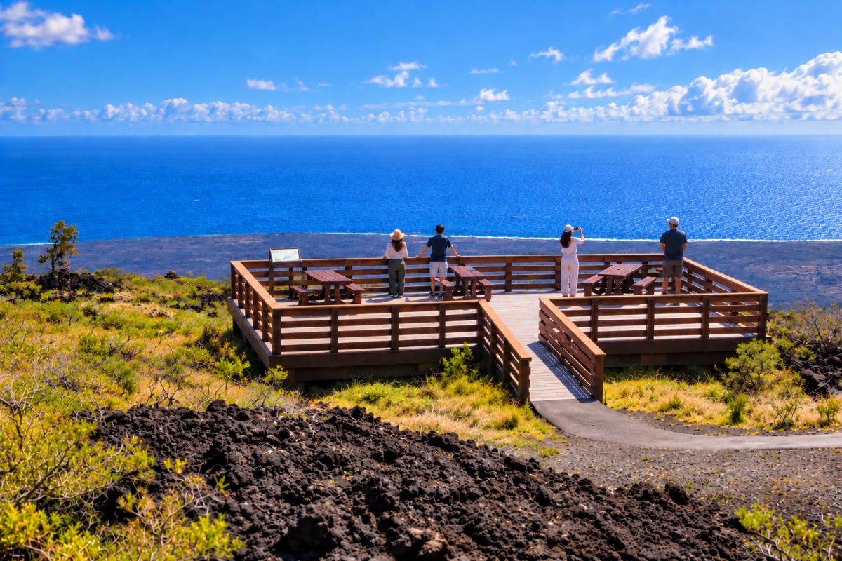 Lava fields stretching toward the Pacific from Kealakomo Overlook