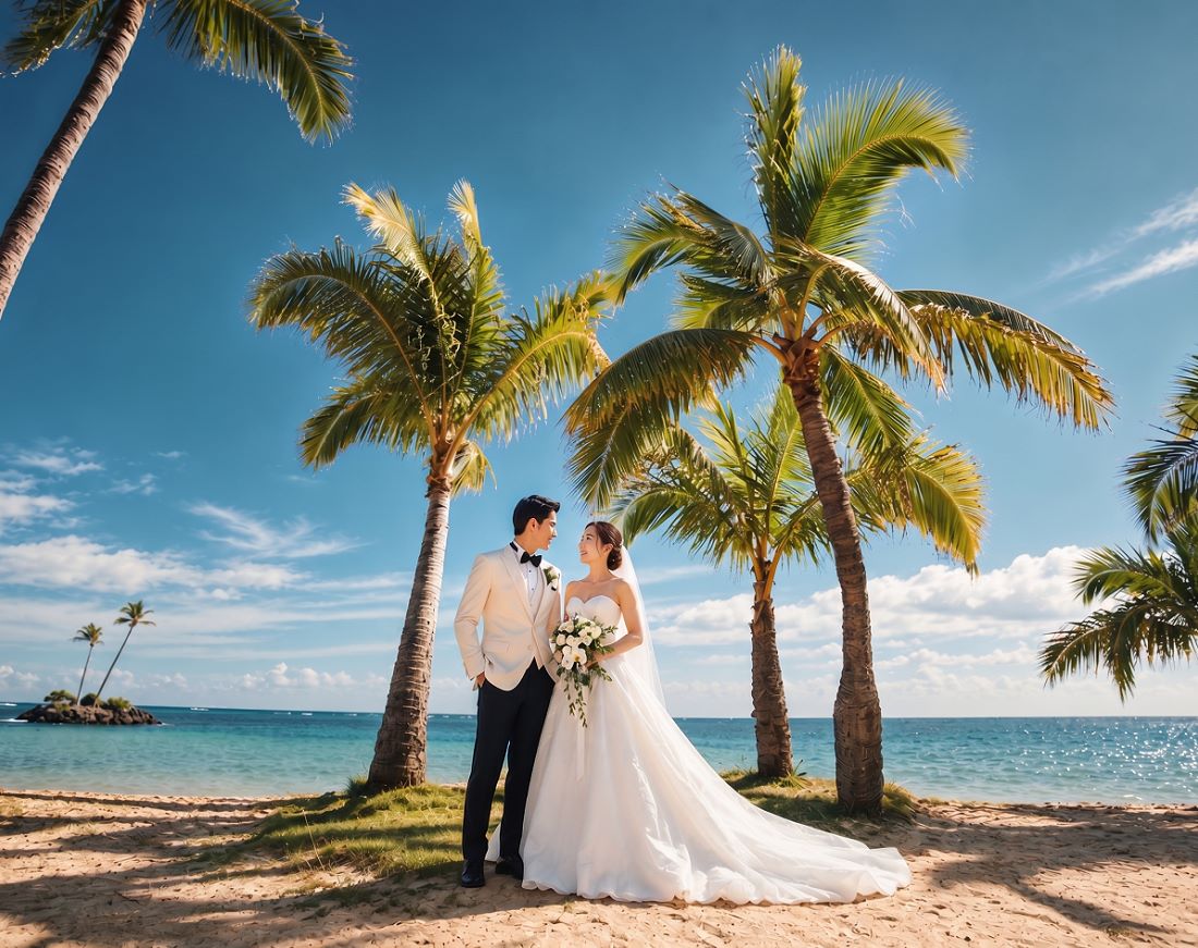 Bride and groom under palm trees at Waialae Beach Park in Kahala