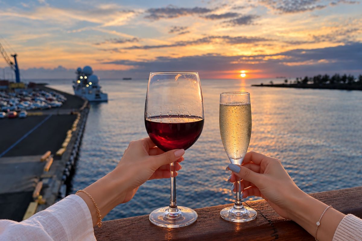 Wine and champagne raised on the deck rail as the sun sets over the harbour before sailing