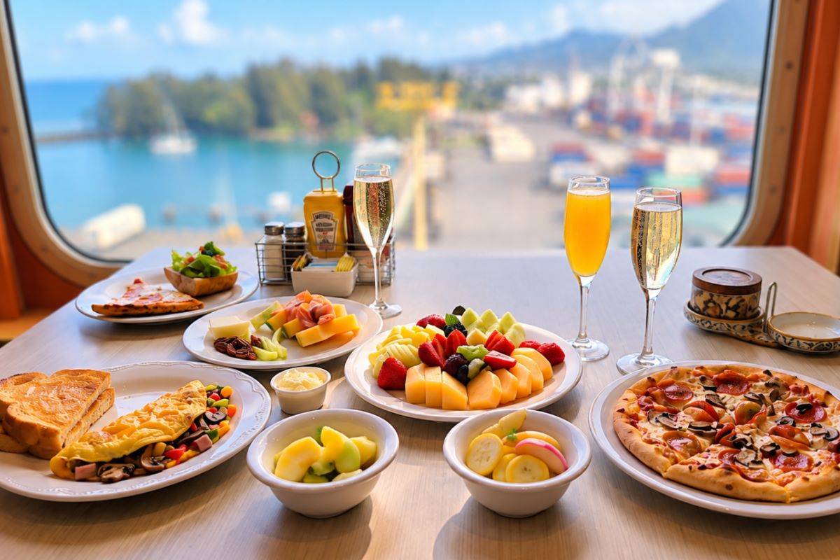 Breakfast, fruit and pizza on a table by the window as the ship sits in port