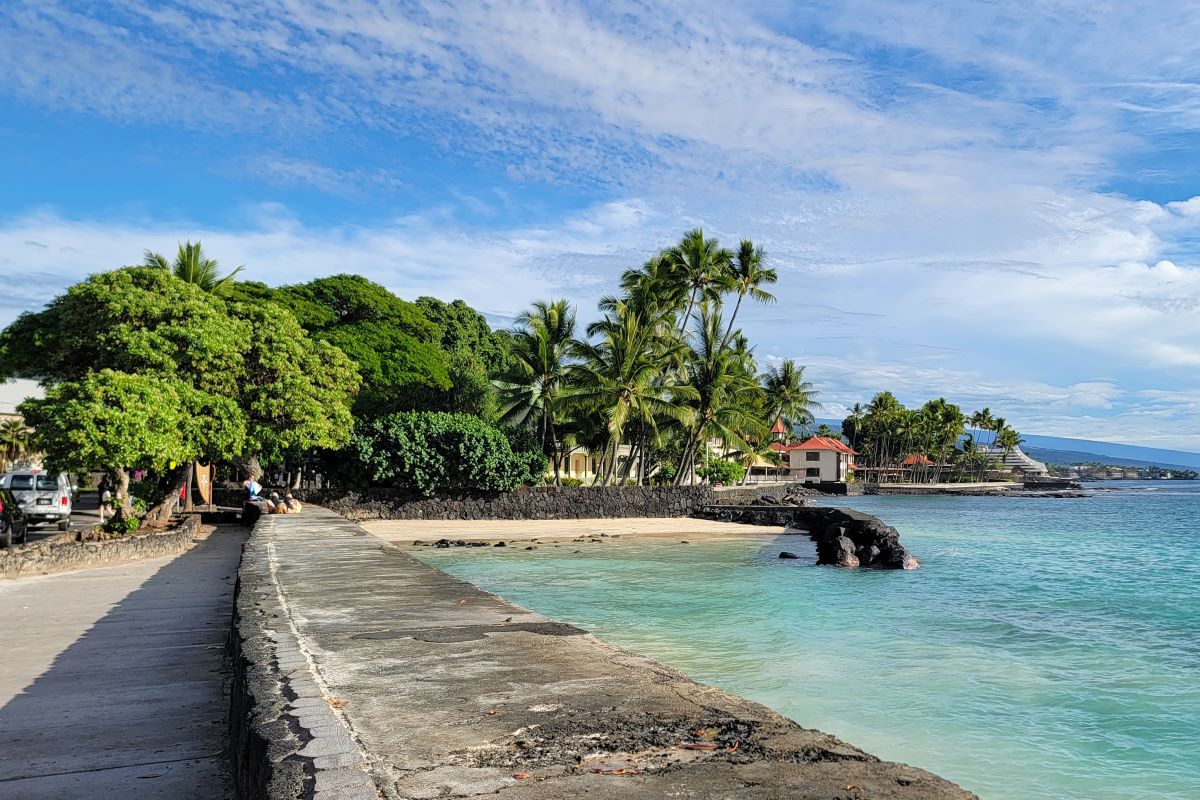 The seawall path along Alii Drive in Kailua-Kona, with palms and turquoise water