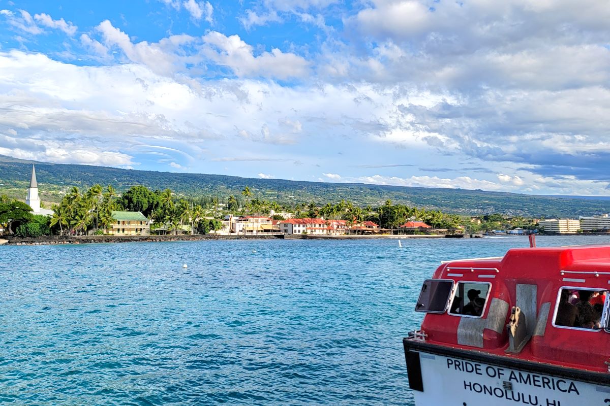 A Pride of America tender boat approaching Kailua-Kona on the Big Island