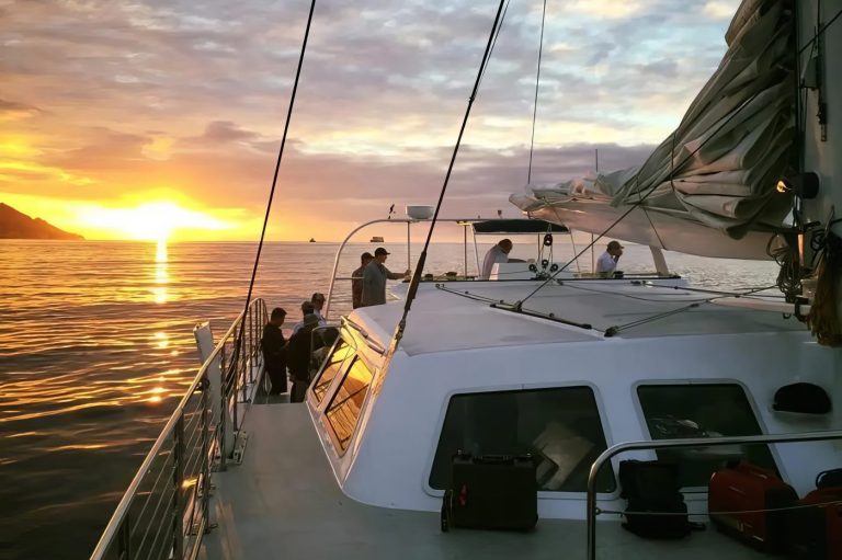 Guests on a private charter at golden hour
