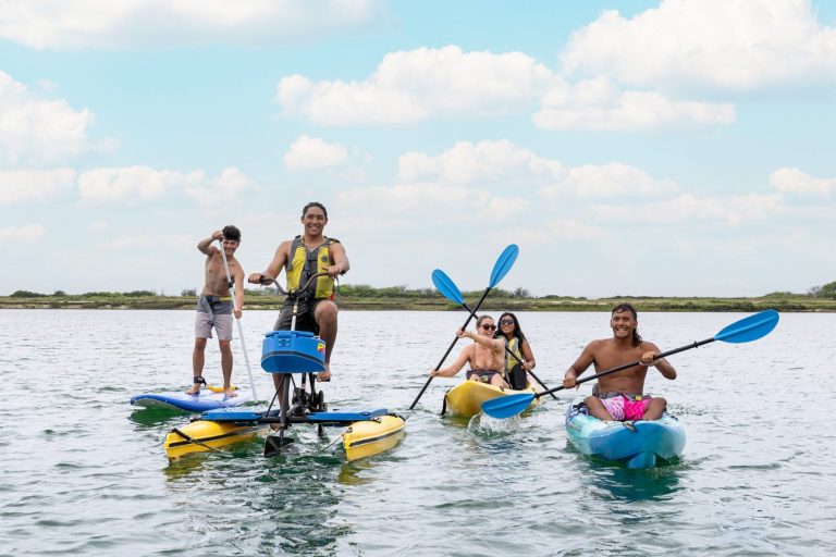 Paddleboards, kayaks and hydro bikes on the Wai Kai Lagoon