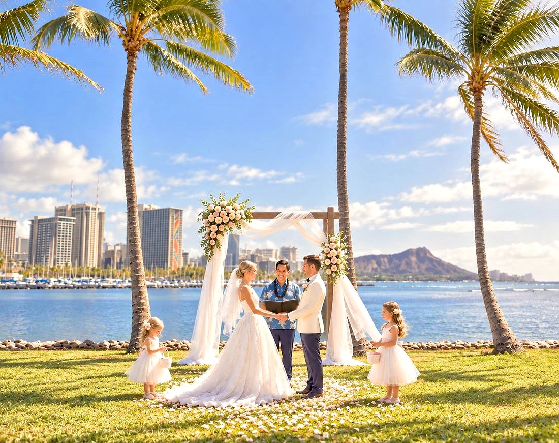 A ceremony under a flower arch on the lawn at Magic Island, with Diamond Head and the ocean behind and two flower girls beside the couple