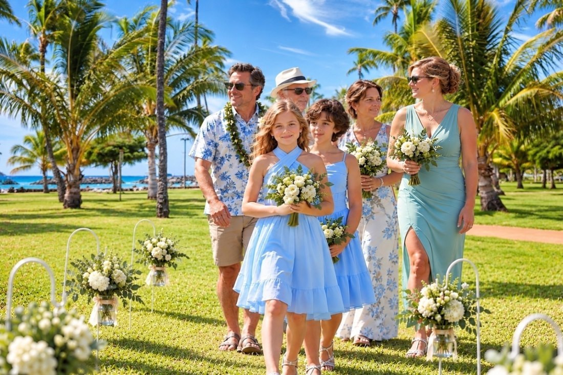 Family and guests walking a flower-lined aisle on a palm-shaded lawn