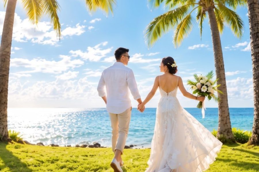 A couple walking hand in hand across a palm-shaded lawn toward the ocean, the bride holding a white bouquet